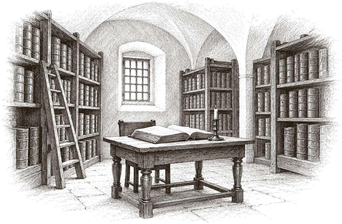 Rytina: klenutý archiv s regály plnými matrik, uprostřed stůl s otevřenou knihou