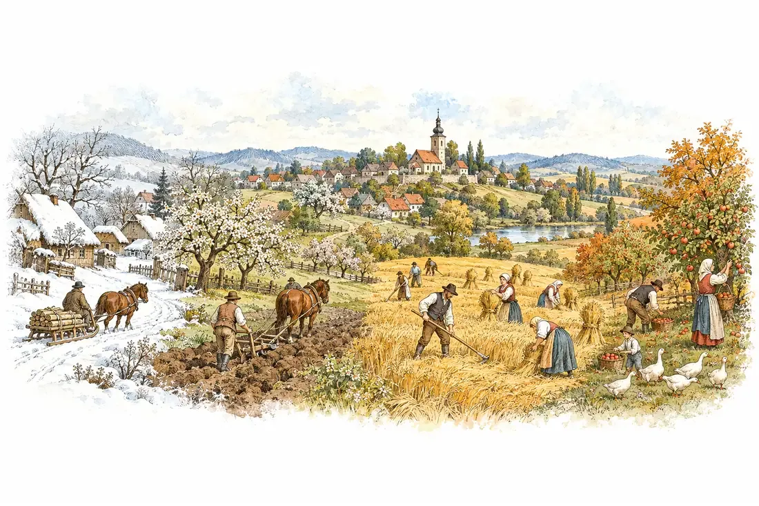Rytina: krajina s vesnicí v ročních obdobích, od zimy přes jarní orbu po žně