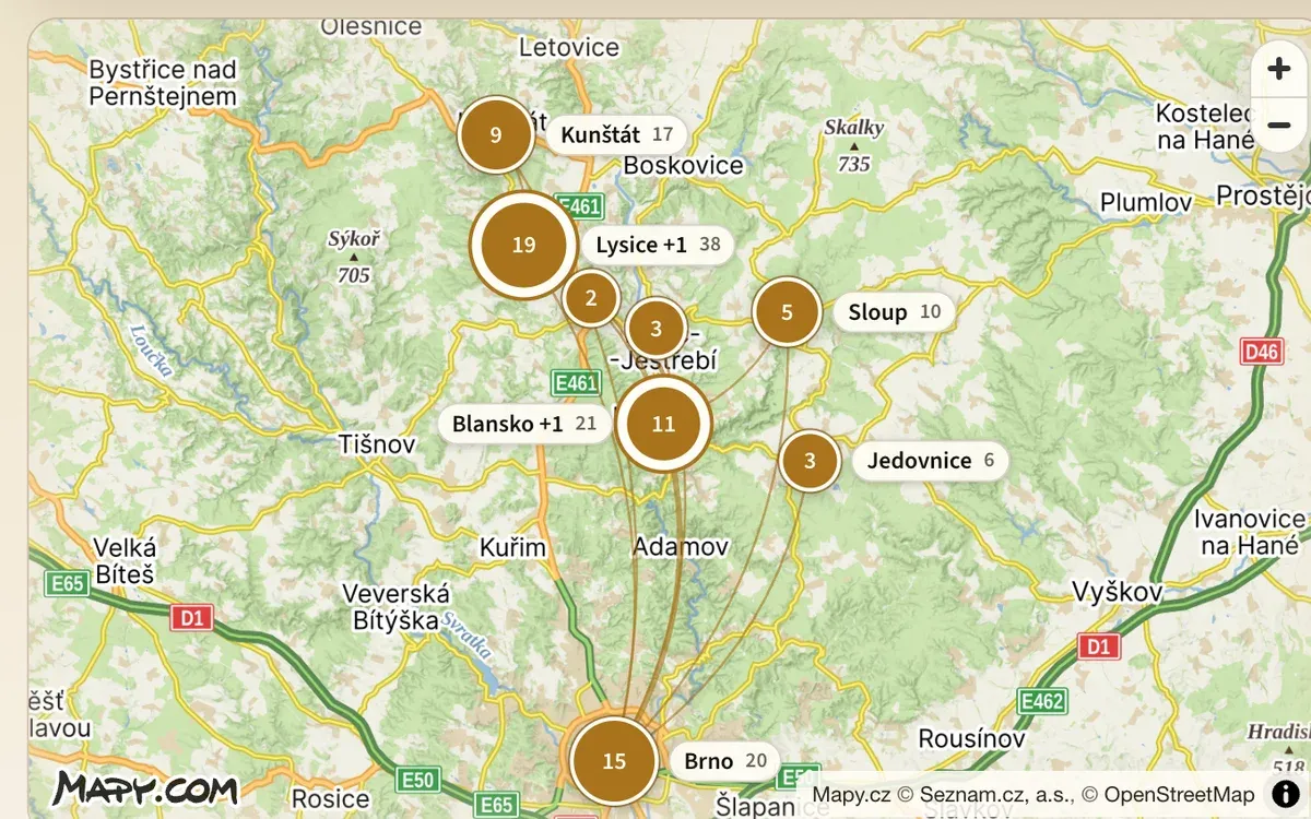 Mapa okolí Blanska s obcemi, kde rod žil, a počty lidí